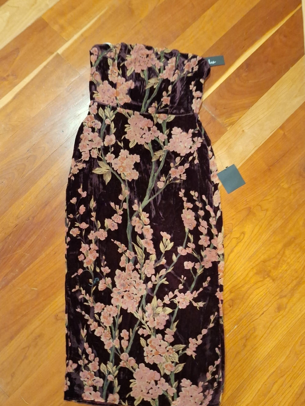 Lulu's Black Strapless Floral Velvet Midi Dress with Pink Blossoms - Picture 5 of 5